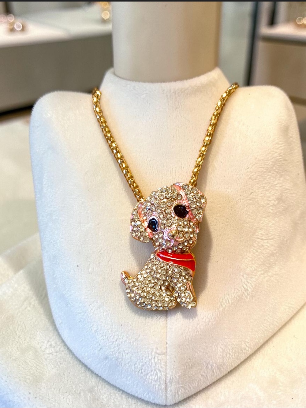 Gold-Tone Crystal Puppy Necklace with Red Collar 27.5” Popcorn chain - Picture 2 of 2